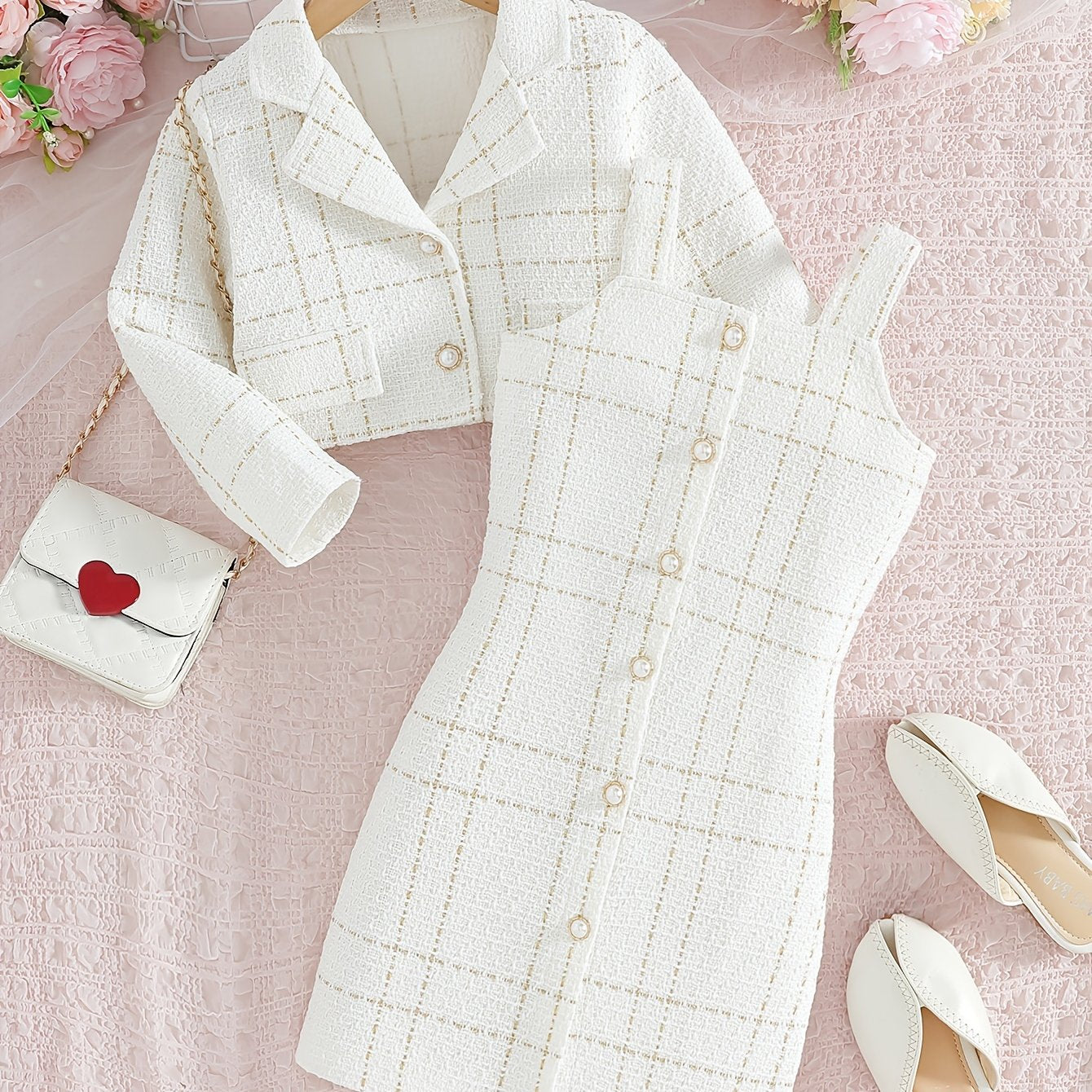Girls Plaid Two-Piece Set with Collar Jacket and Suspender Dress for Formal and Party Wear