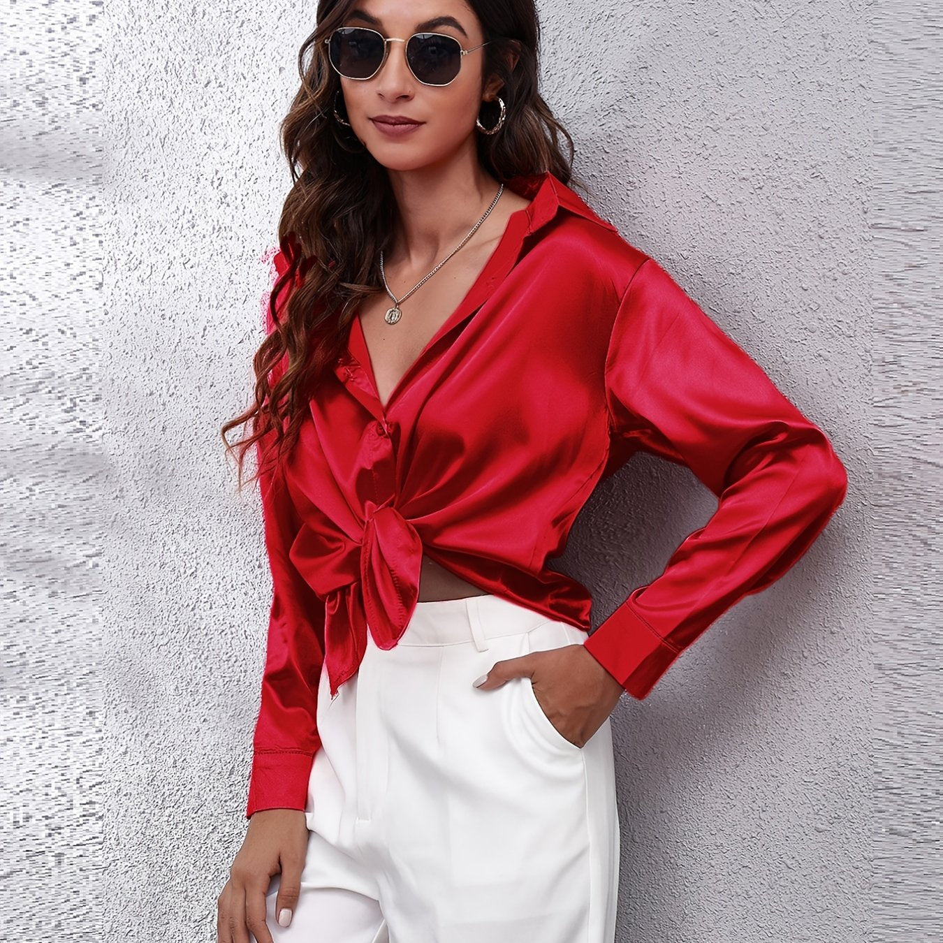 Women's Satin Shirt Long Sleeve Solid Color Lapel Collar Regular Length Single Breasted Elegant Polyester