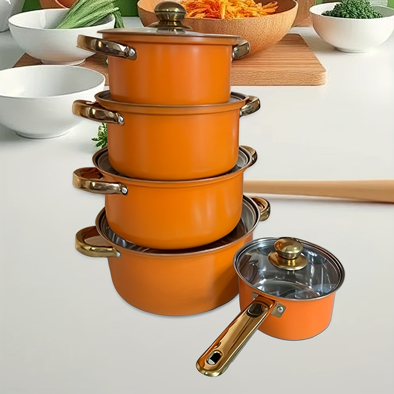 12 ta to'plam to'q sariq zanglamas po'latdan yasalgan idishlar, yopishqoq qoplama va shisha qopqoq bilan - turli xil taomlarni tayyorlash uchun ko'p maqsadli qozonlar va qozonlar