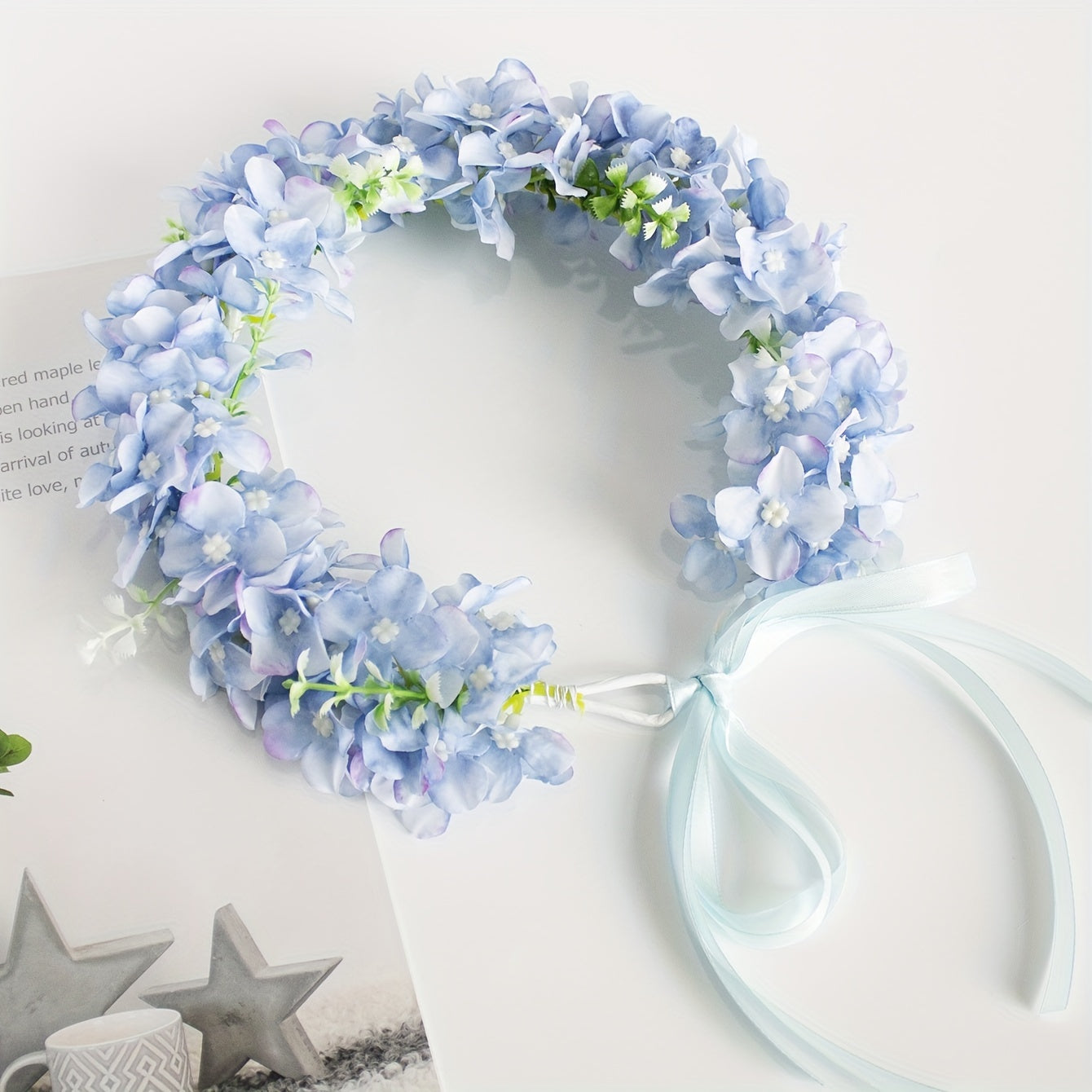 Floral Bridal Headband Hydrangea Flower Crown with Ribbon Tie for Weddings and Parties