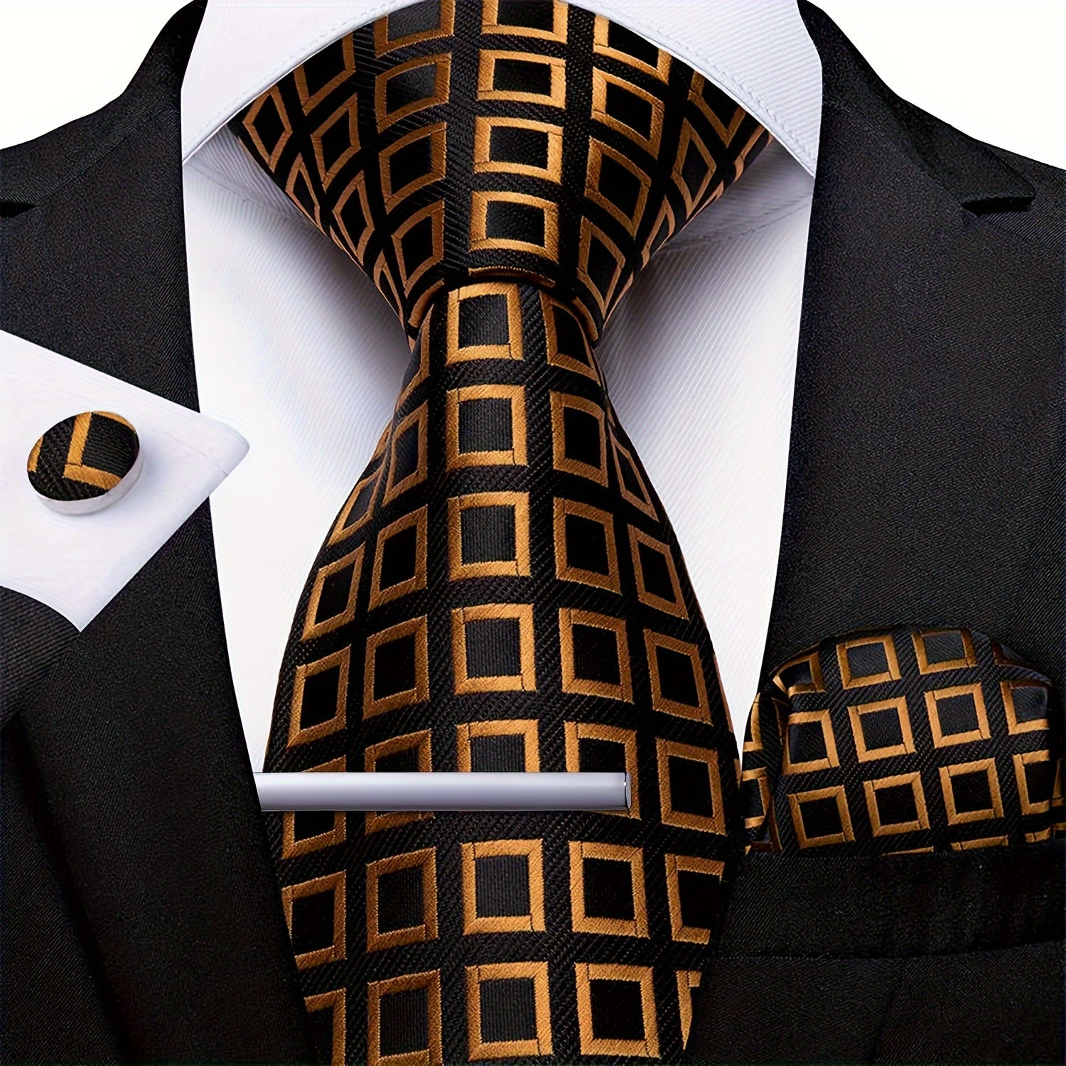 Men's Accessories Set 5 Pieces Tie Cufflinks Handkerchief Pocket Square for Wedding Business Party