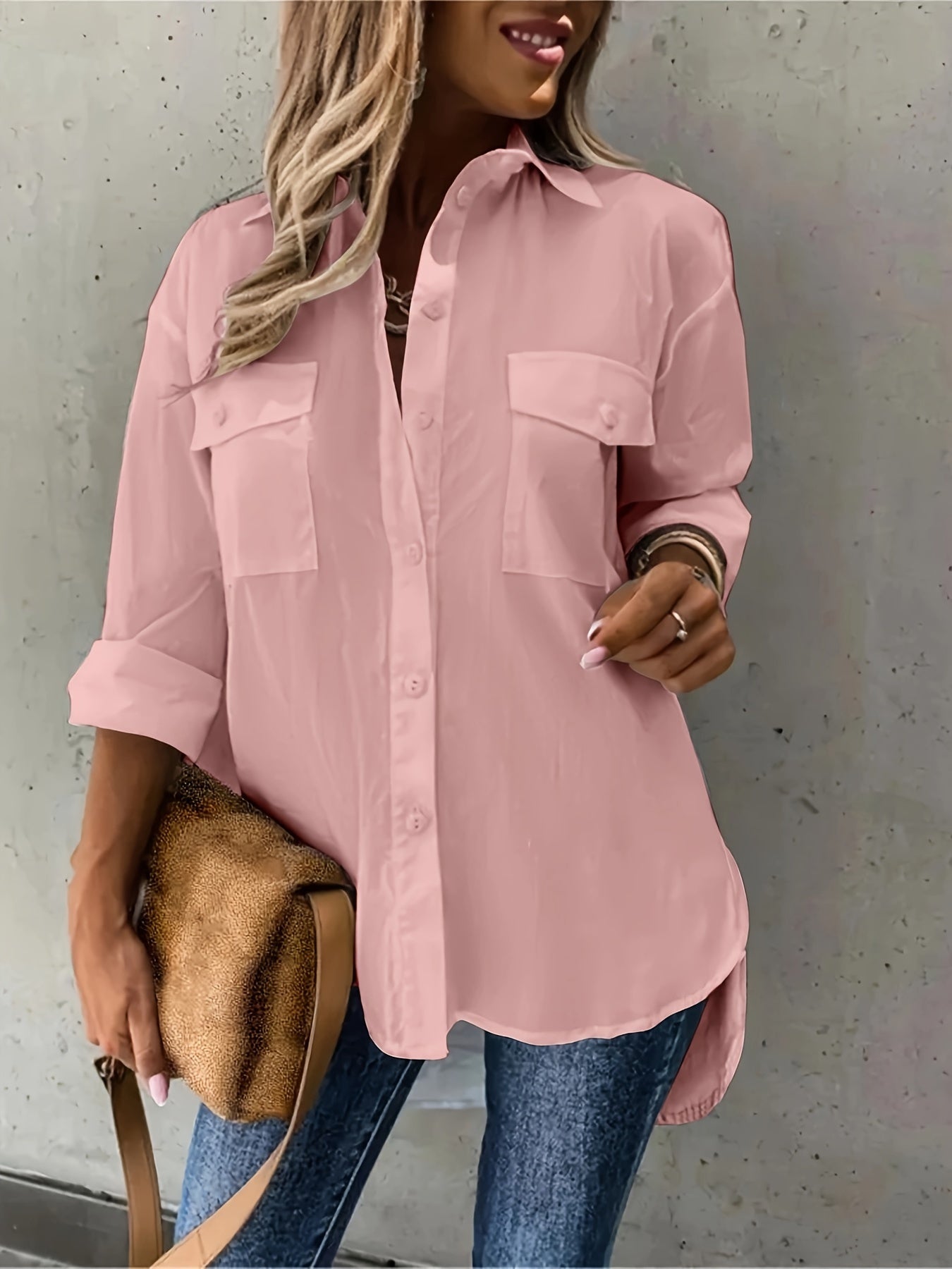 Women's Plus Size Casual Cotton Blend Blouse with Solid Color Long Sleeves and Lapel Collar