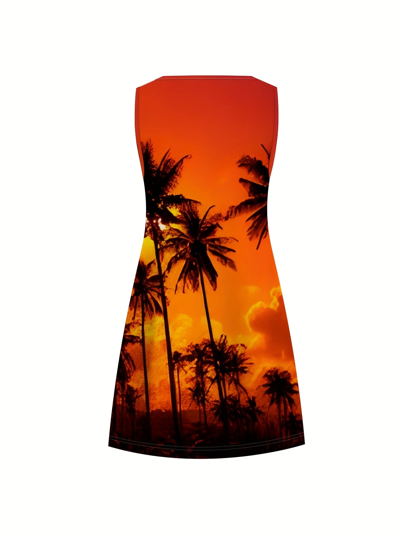Women's Plus Size Sleeveless Tropical Print Beach Dress with Vibrant Orange Sunset Palm Design