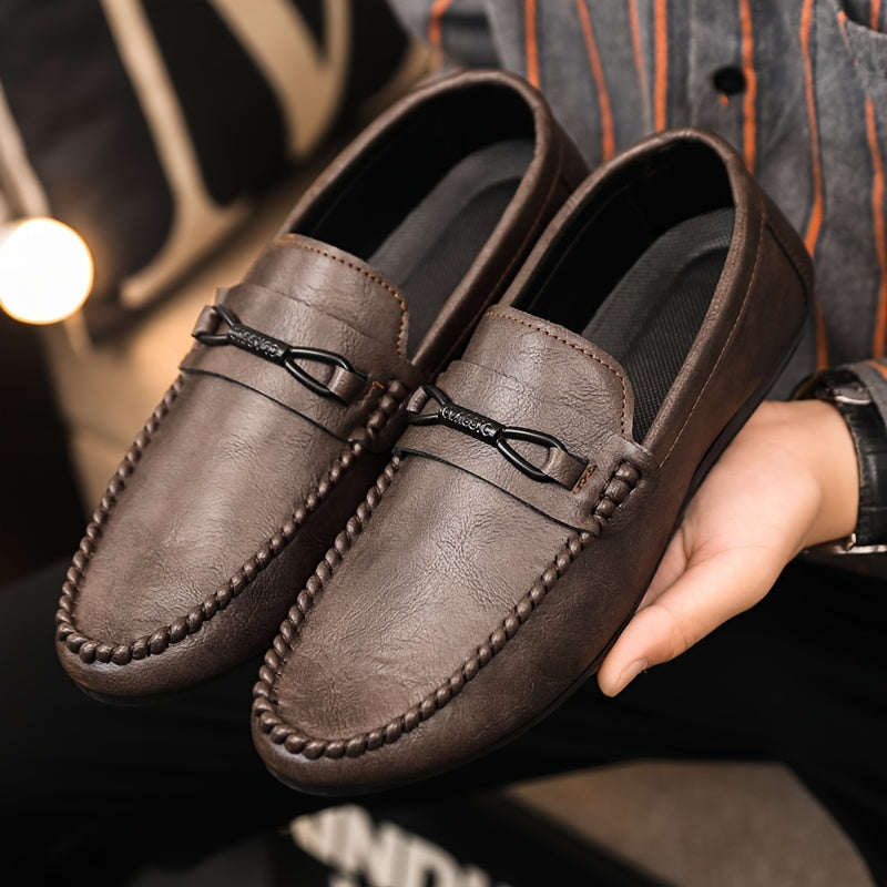 Men's Breathable PU Slip-On Loafers with Non-Slip Rubber Sole for All Seasons