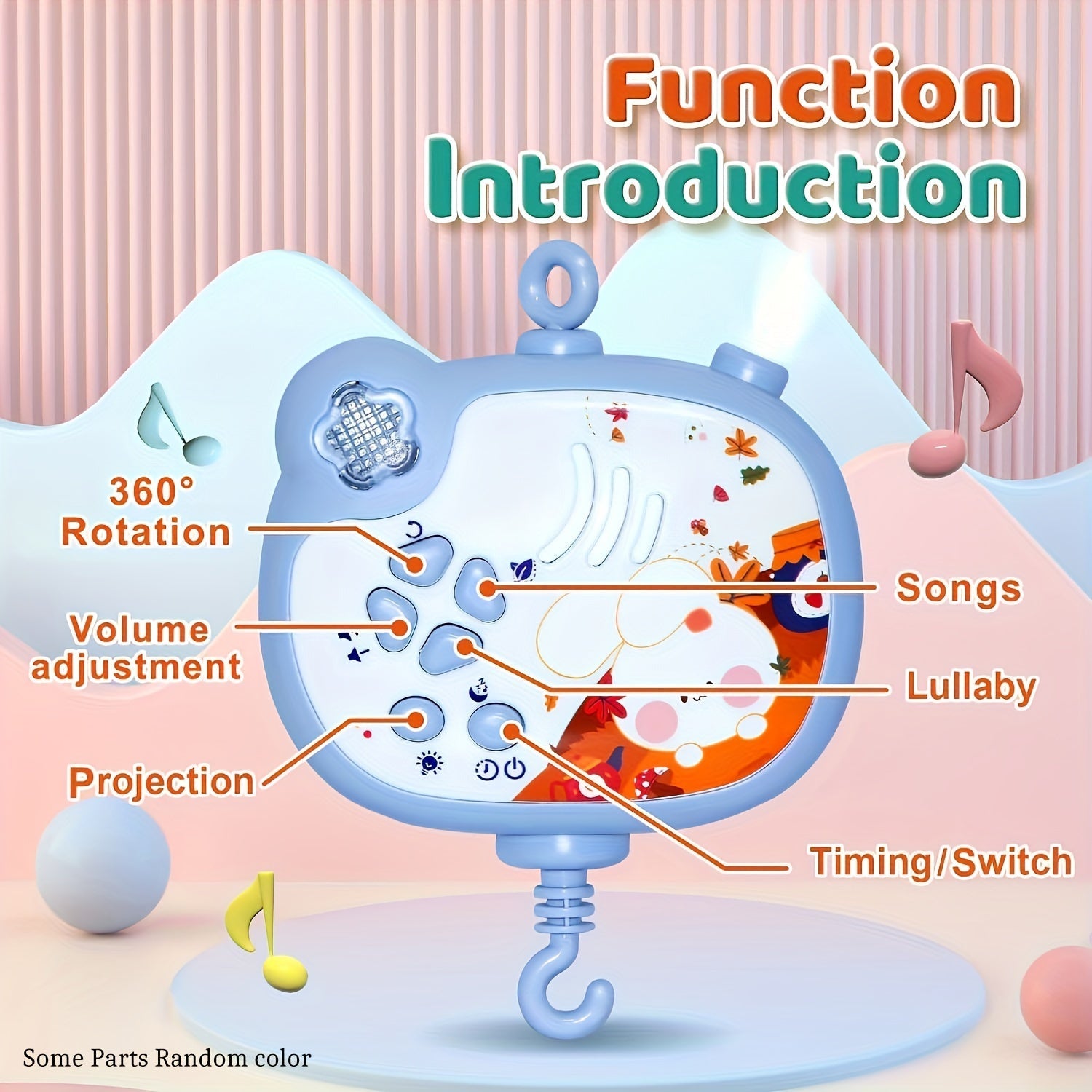 Pink Baby Crib Mobile with Music Night Lights and Remote Rotation
