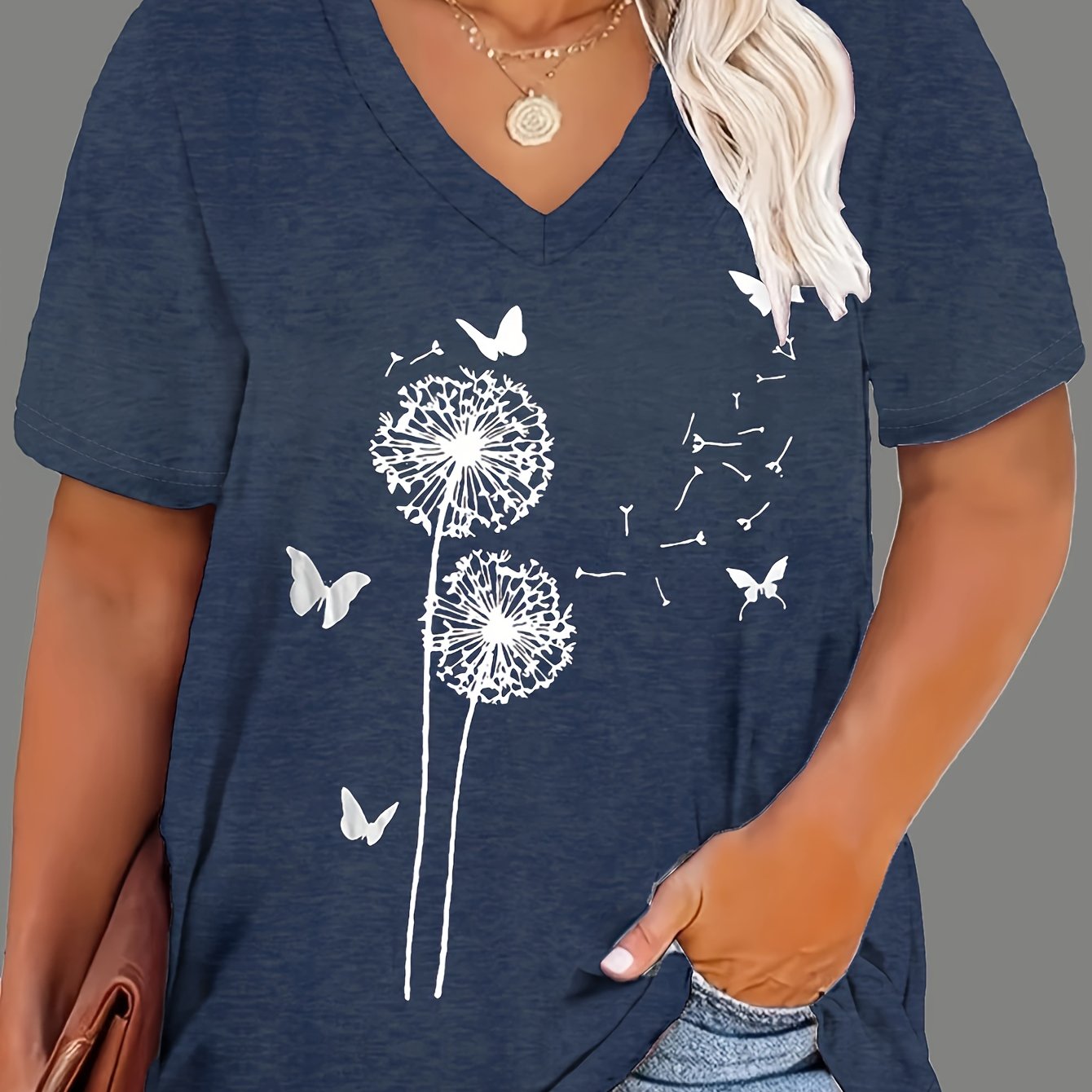 Women's Dandelion Flower Print T-Shirt Large Size Casual Cotton Tee