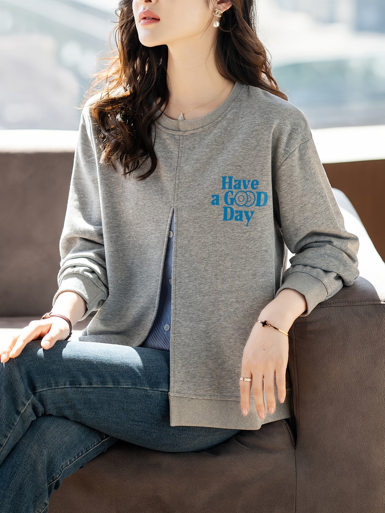 Women's Gray Sweatshirt with "Have a Good Day" Print, Casual Fit