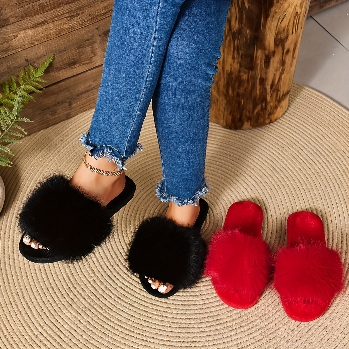 Women's Fluffy Plush Open Toe House Slippers Cozy Warm Solid Color