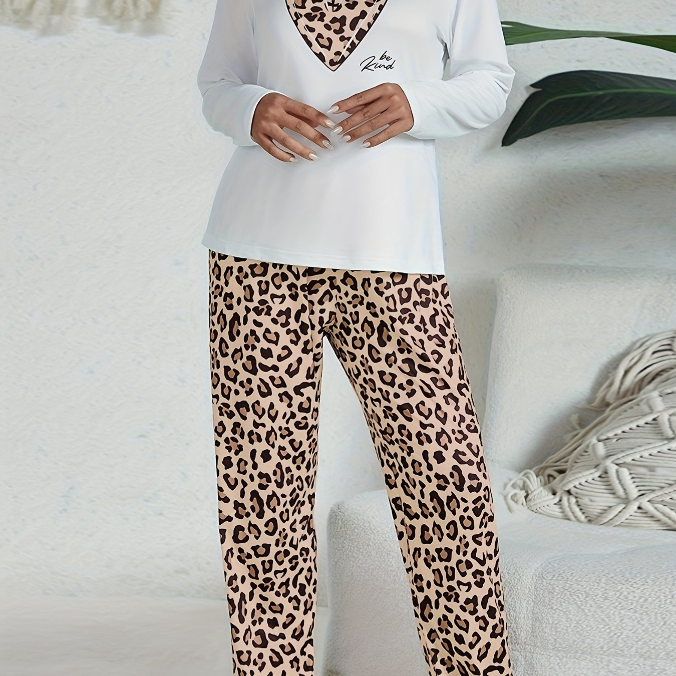 Women's Pajama Set with Long Sleeve Heart Print Top and Leopard Pattern Pants in Polyester