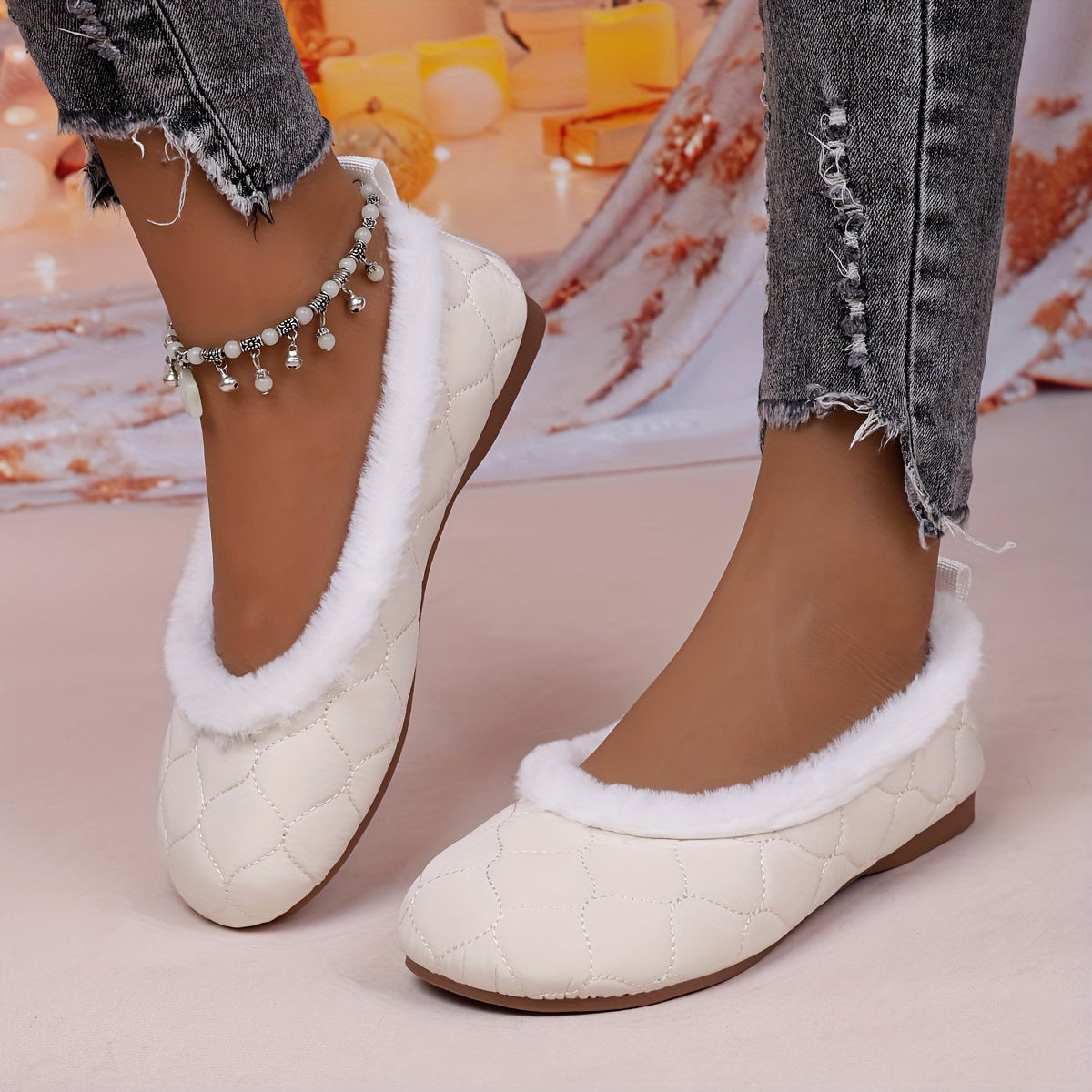 Plus-Size Women's Faux Fur Lined Mary Jane Flats Brown Beige White Winter Indoor Shoes
