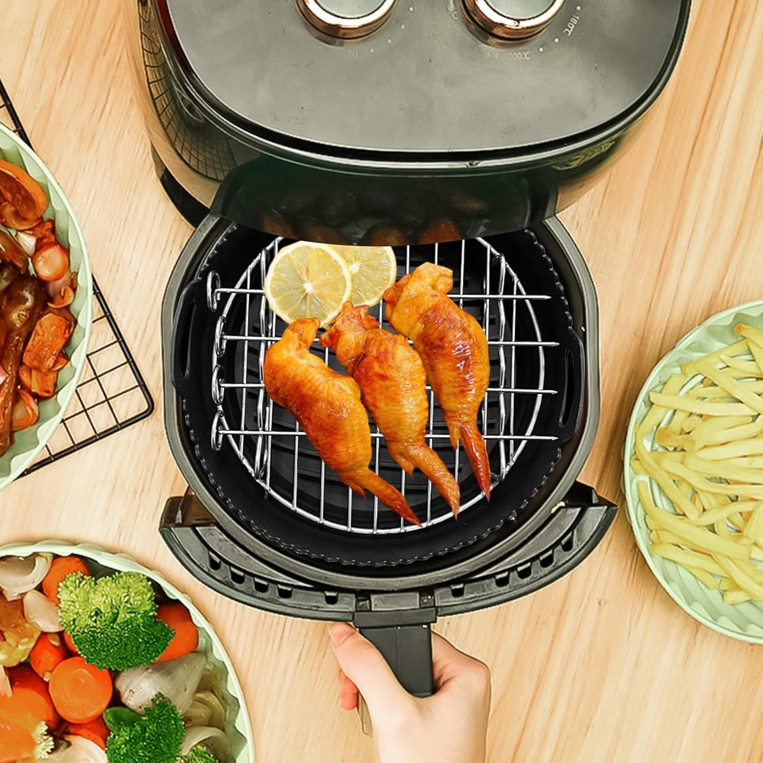 8-chiqishli Havo Fritöz uchun aksessuarlar to'plami, Silikon savat va po'lat rack bilan