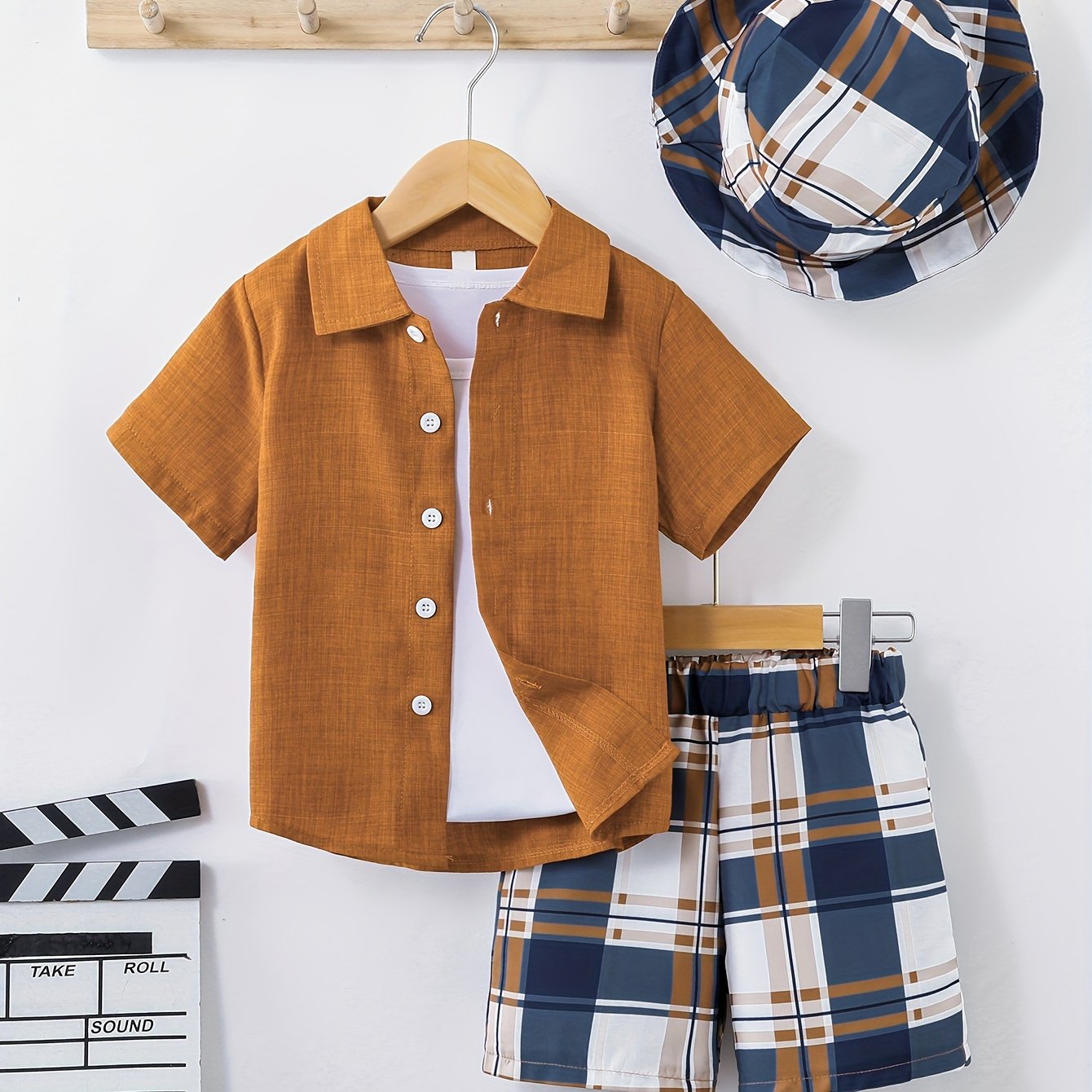 Kids Boys Summer Outfit 3-Piece Solid Color Shirt Plaid Shorts Hat Age 1-8