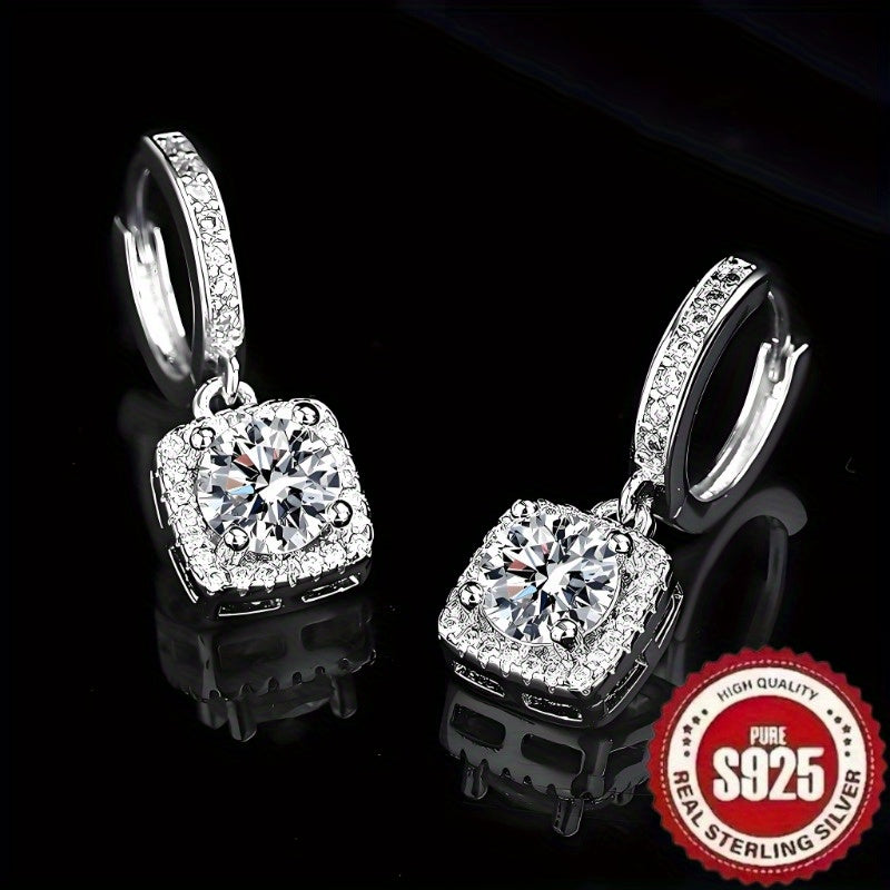 Sterling Silver Square Pendant Earrings with Synthetic Zirconia Retro Elegant Design