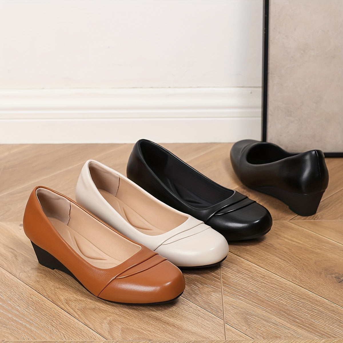 Zapatos de mujer tipo slip-on con punta cuadrada y tacón grueso, negros, cómodos para el trabajo