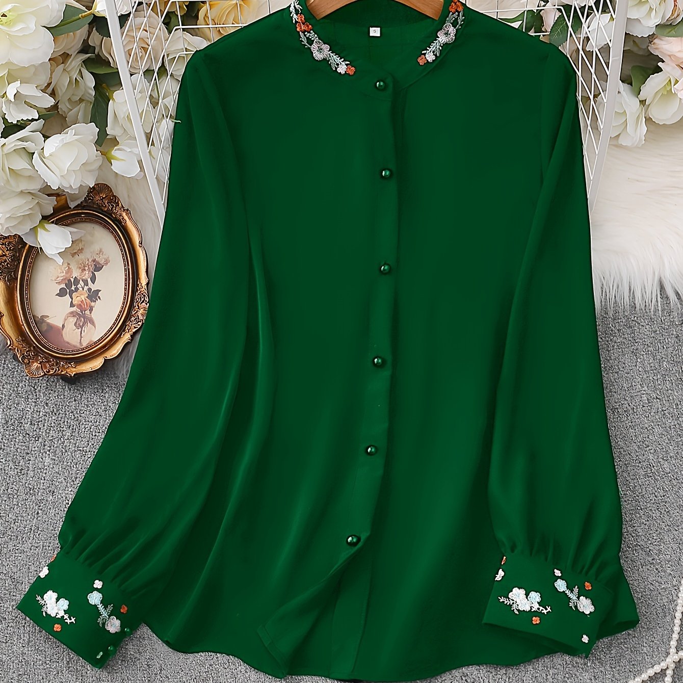 Women's Long Sleeve Embroidered Blouse with V-Neck and Button Front
