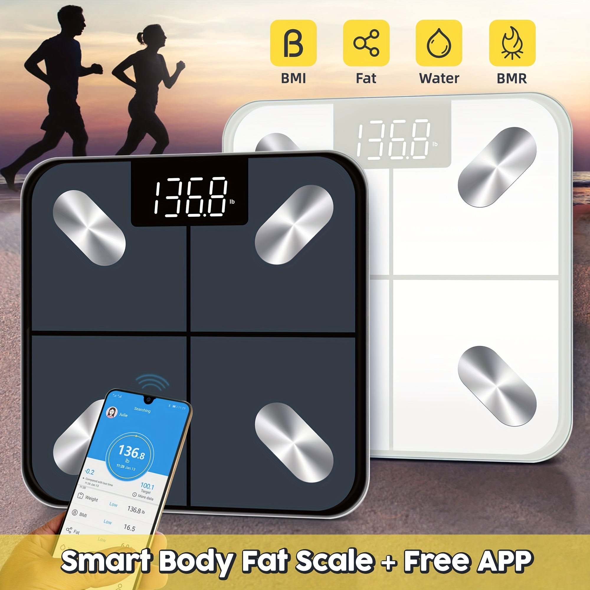 Wireless smart bathroom scale with LED display syncs with fitness apps and is battery powered