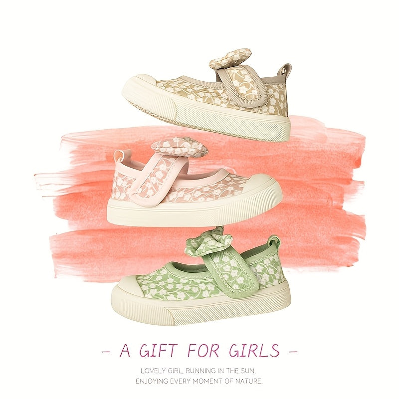Girls Floral Print Canvas Sneakers with Bow Detail Non-Slip TPR Sole for Casual Outdoor Wear
