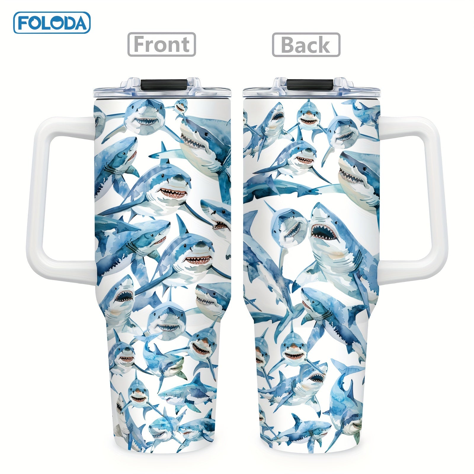 40oz Insulated Stainless Steel Tumbler with Handle Blue Shark Design for Outdoor Use