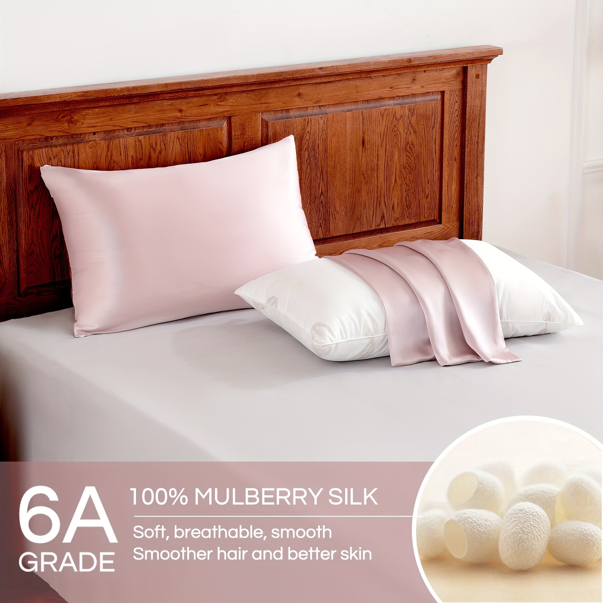 Set of 2 Mulberry Silk Pillowcases Hypoallergenic Satin Weave Solid Color Invisible Zipper Machine Washable Skin Hair Care