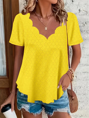 Plus o'lcham ayollar uchun qisqa sleeve to'liq rangli to'lqin bo'yinli T-shirt