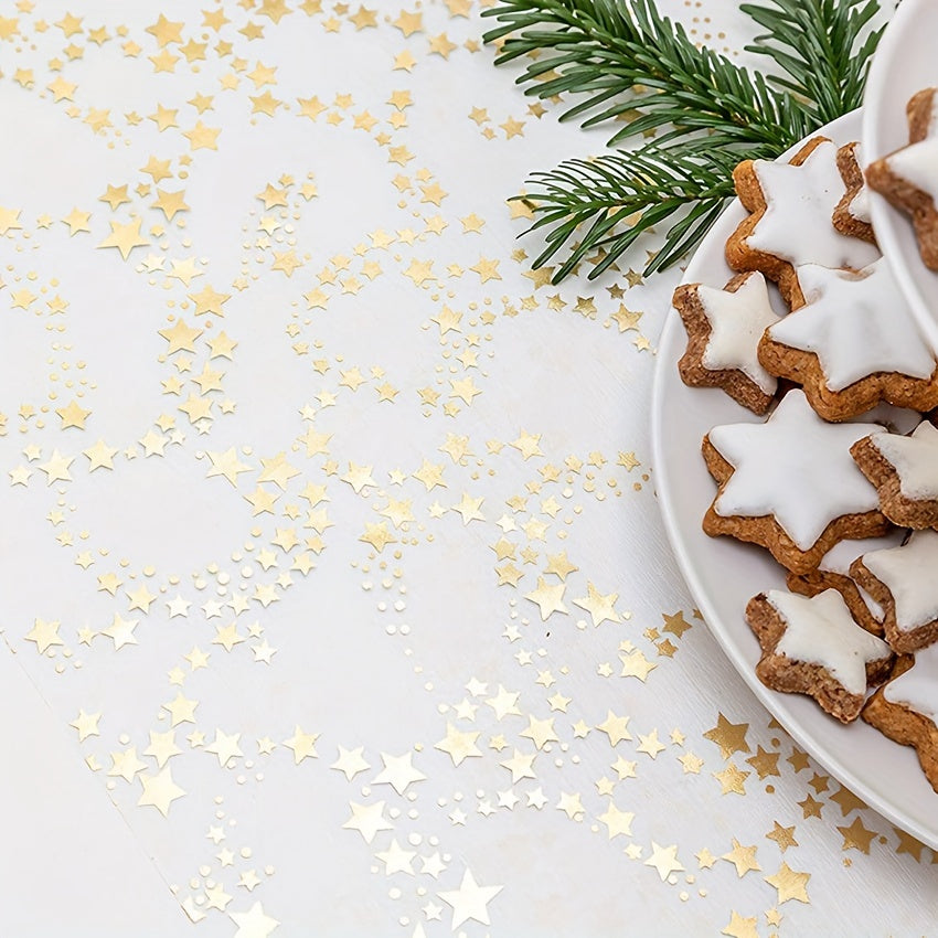 Льняная скатерть с золотыми металлическими органзовыми звездами; идеально подходит для Рождества и особых случаев. Идеально для декора комнаты или свадеб.