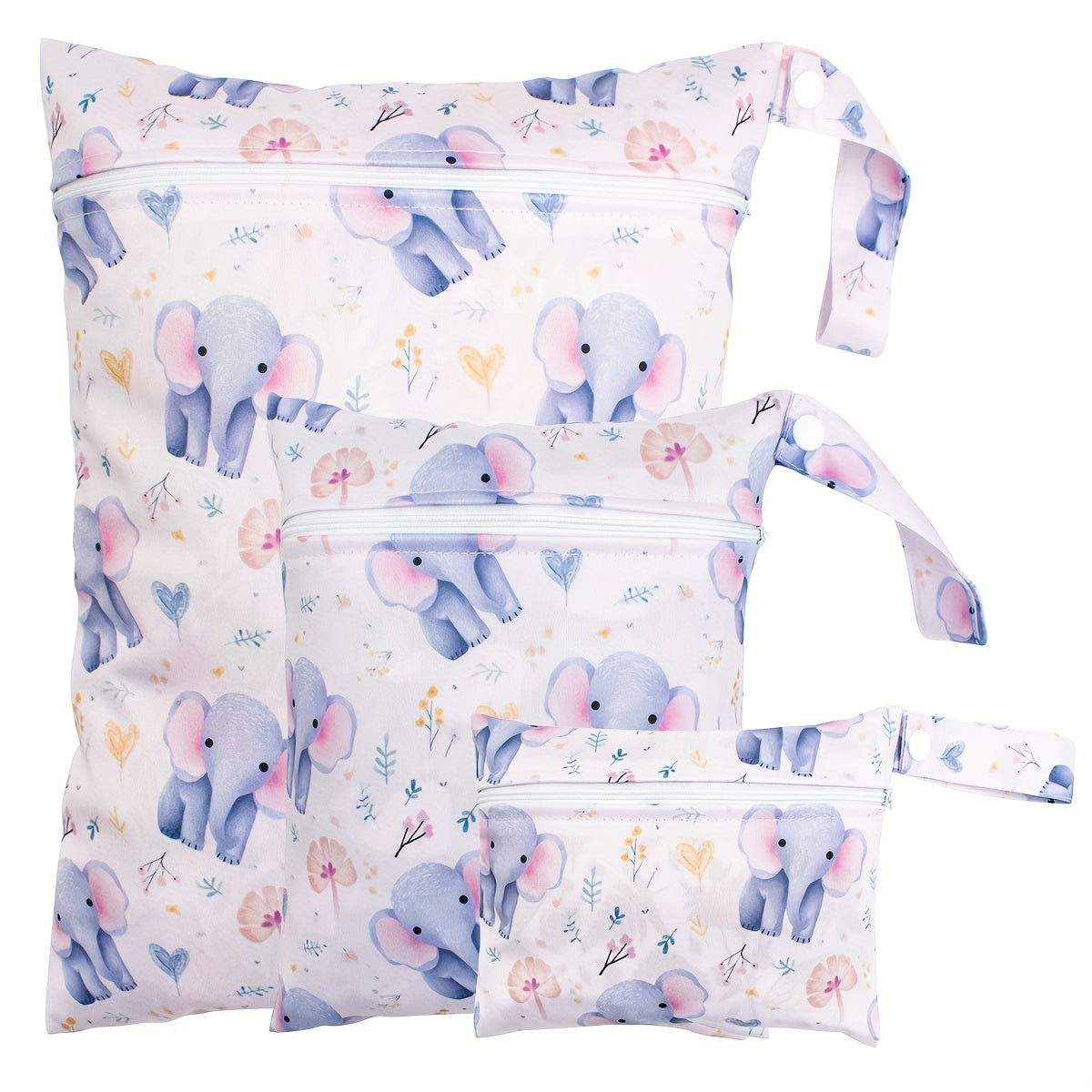 Set of 3 Elephant Print Waterproof Travel Pouches for Diapers, Yoga, Sports