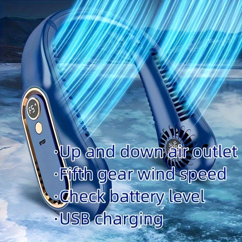 Compact USB fan 5 speeds rechargeable outdoor foldable neck hanging