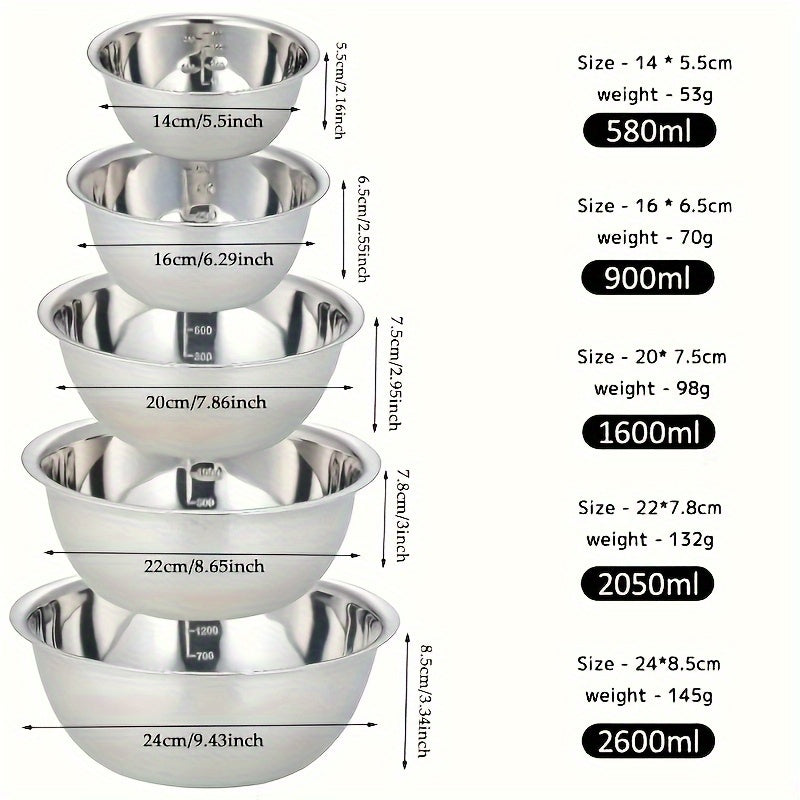 Set of 5 Stainless Steel Mixing Bowls with Built-in Scale for Cooking Baking and Meal Prep