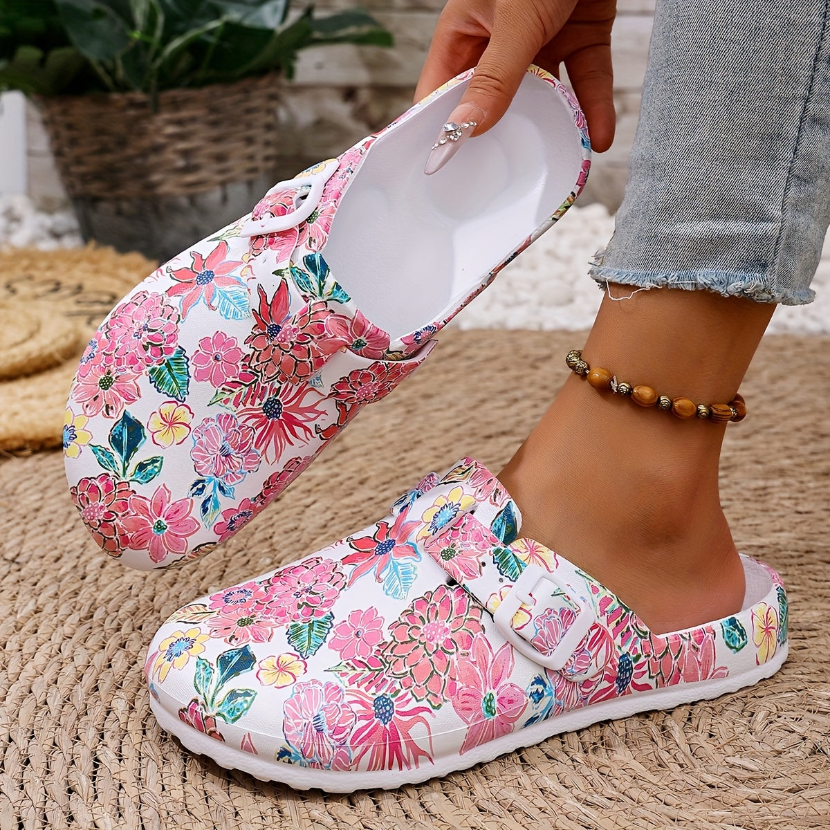 Women's EVA Floral Slide Sandals Pink Green Blue White Non-Slip Cushion