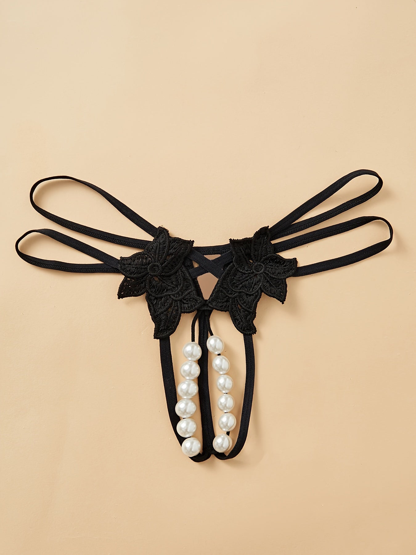 Women's Floral Applique Thongs with Faux Pearl Accents Low Waist Lingerie