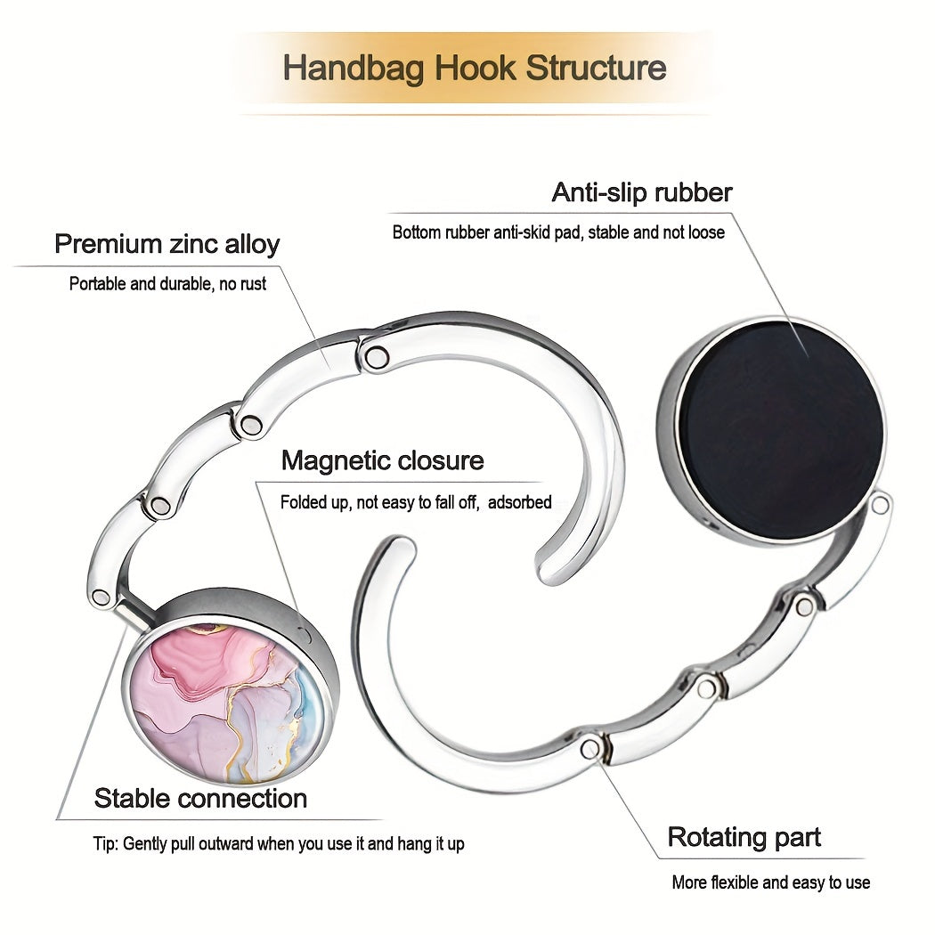 Percha de bolso plegable de mármol rosa, gancho portátil para bolsos en mesas