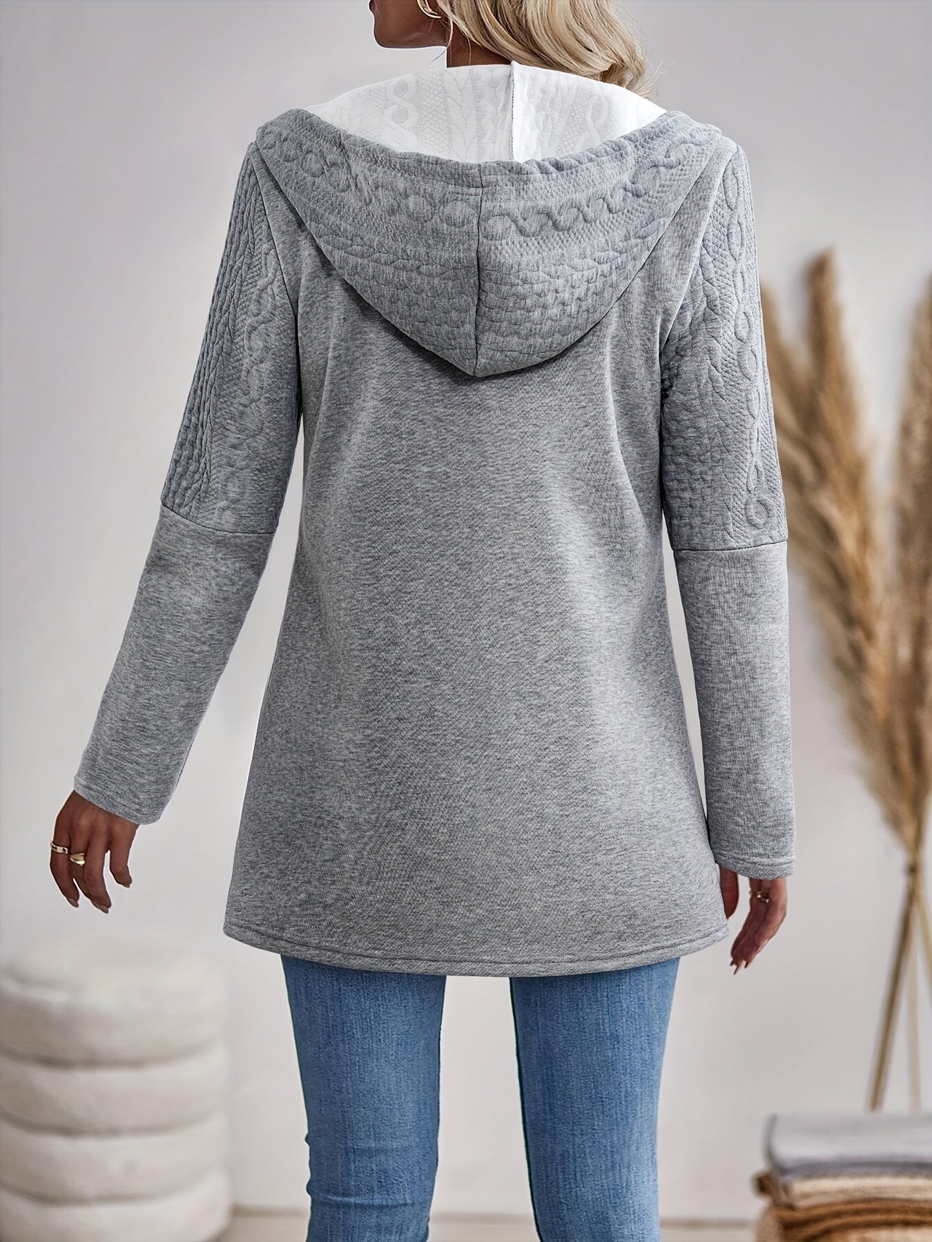 Women's Gray Hooded Cardigan Polyester Zipper Solid Color All Season