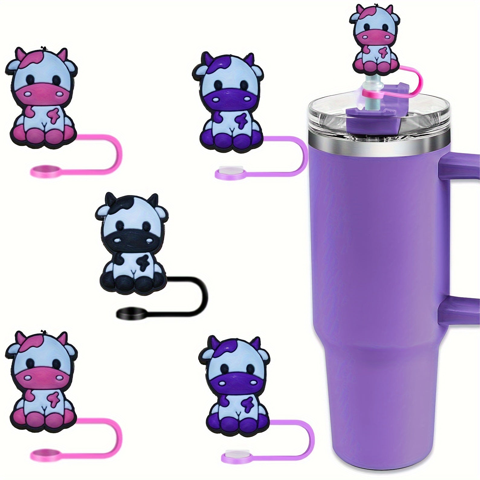 Set of 2 Cartoon Cow Straw Toppers Pink Purple Black with Silicone Dust Covers for Party and Christmas Gifts