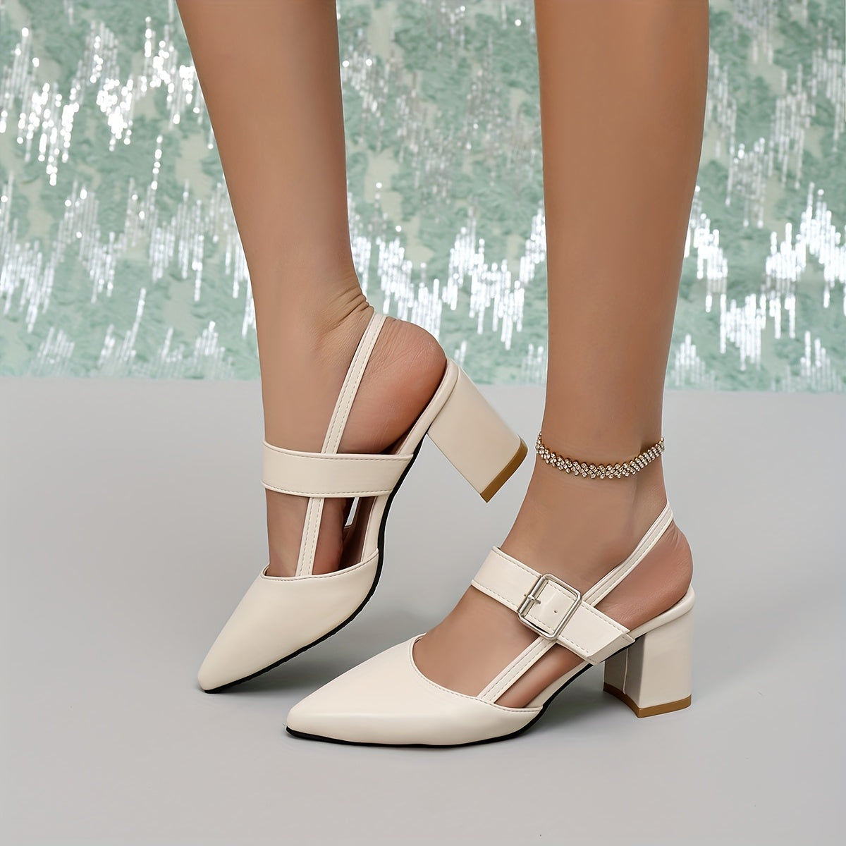 Women's Black Block Heel Sandals with Pointed Toe Slip-On Fall Footwear