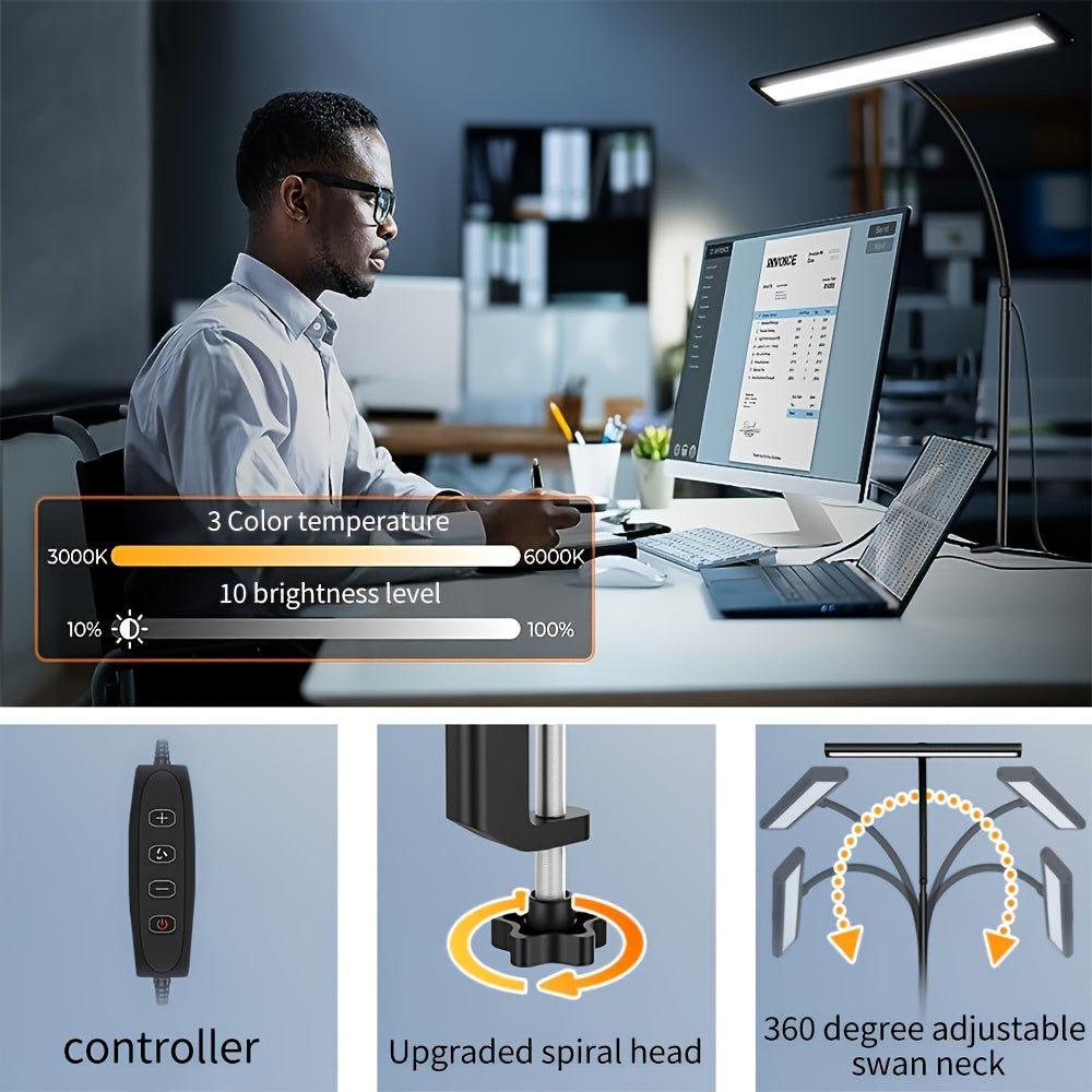 Qora LED ish stoli lampasi bilan qisqich, sozlanadigan yoritish va USB quvvatlantirish