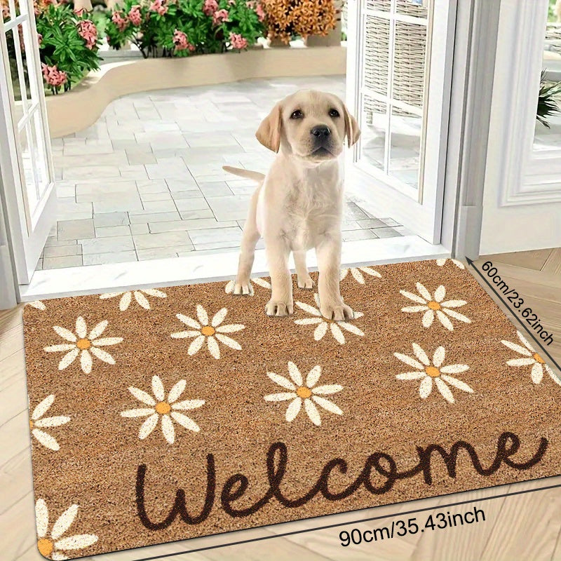 Alfombra de puerta con patrón de margarita de poliéster antideslizante rectangular hecha a máquina