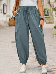 Women's Plus-Size Cargo Pants Elastic Drawstring Waist Loose Fit Machine Washable