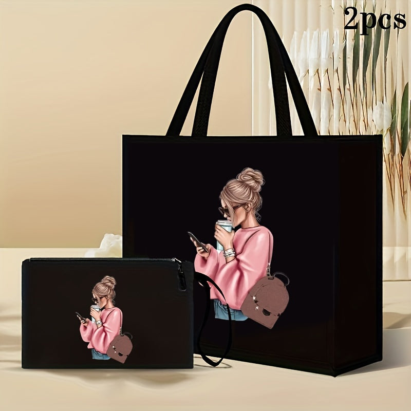 Women's Black Faux Leather Tote Bag Set with Coin Purse and Girl Print