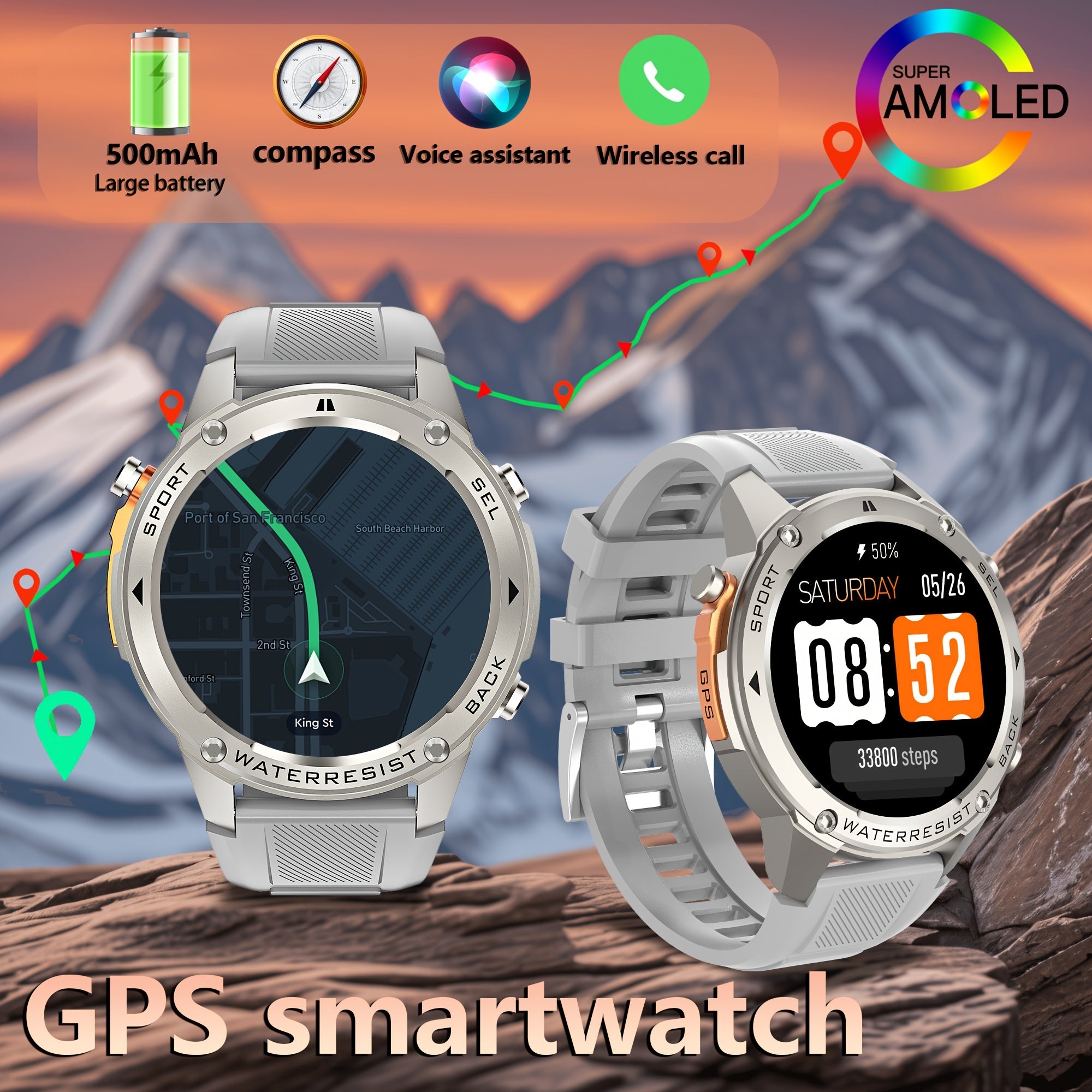 GPS Smart Watch for Outdoor Enthusiasts with Compass Altitude Swimming and Sports Modes