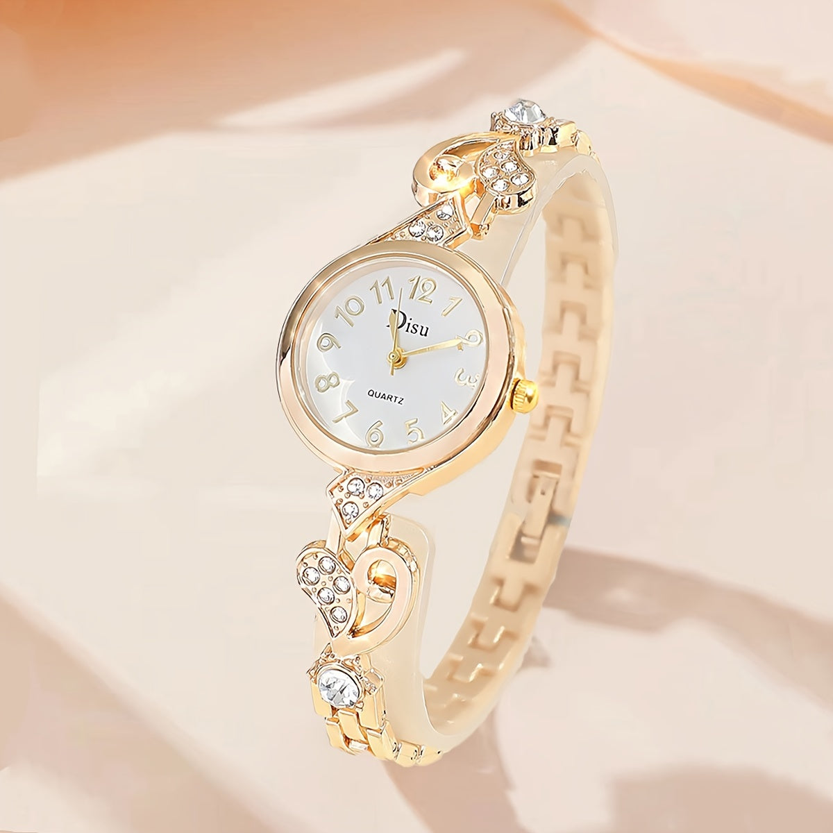 Women's Quartz Watch with Rhinestone Accents, Round Analog Bracelet, Zinc Alloy Band