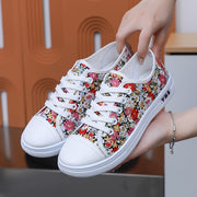 Women’s Floral Sneakers Low-Top Casual Shoes Breathable Fabric White Cherry Blossom