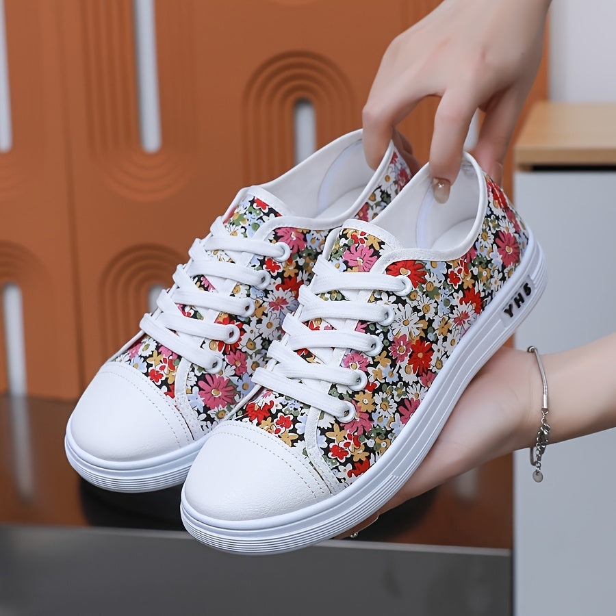 Women’s Floral Sneakers Low-Top Casual Shoes Breathable Fabric White Cherry Blossom