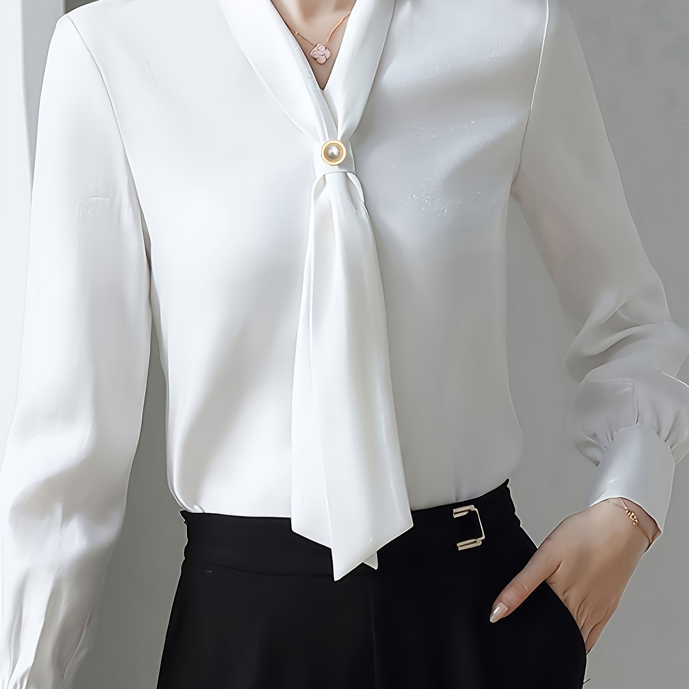 Women's V-Neck Blouse with Bow Tie Decoration Polyester Solid Color Regular Fit All Seasons
