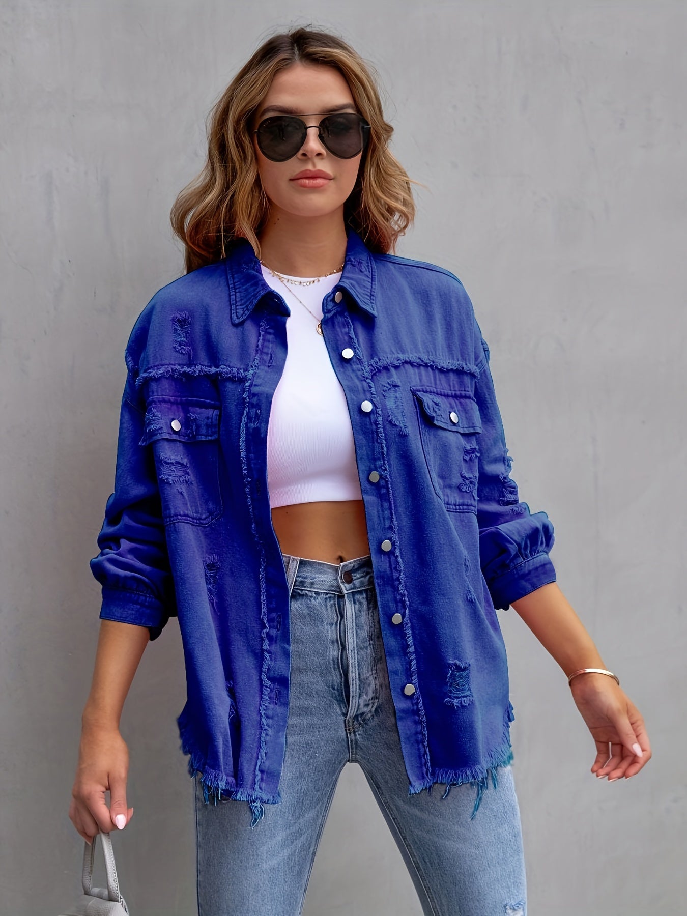 Women's Plus Size Distressed Retro Denim Jacket with Raw Hem Long Sleeve Solid Color Spring Summer