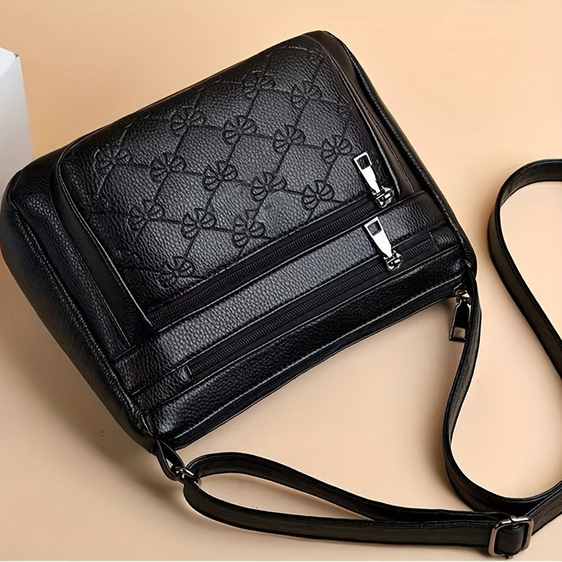 Black Nylon Crossbody Bag for Women with Adjustable Strap and Embossed Bow Pattern