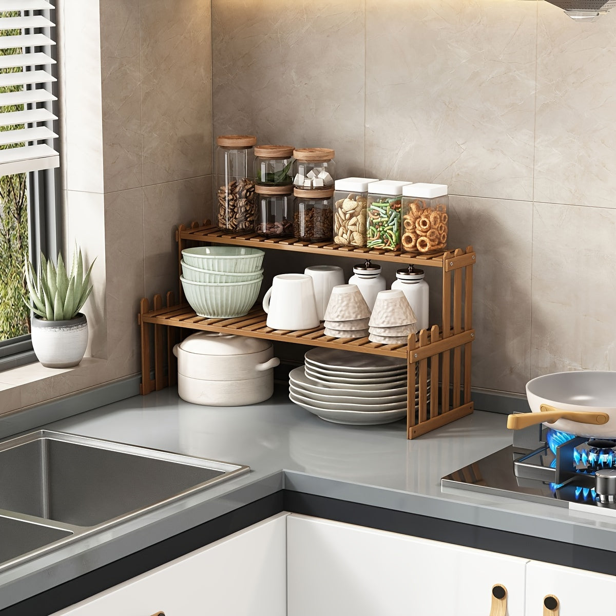 Открытая угловая полка для хранения из бамбука, двухслойная, в повседневном стиле, напольная кухонная органайзерная стойка, не требует подключения к электричеству, компактная конструкция, передвижная, высота 220.
