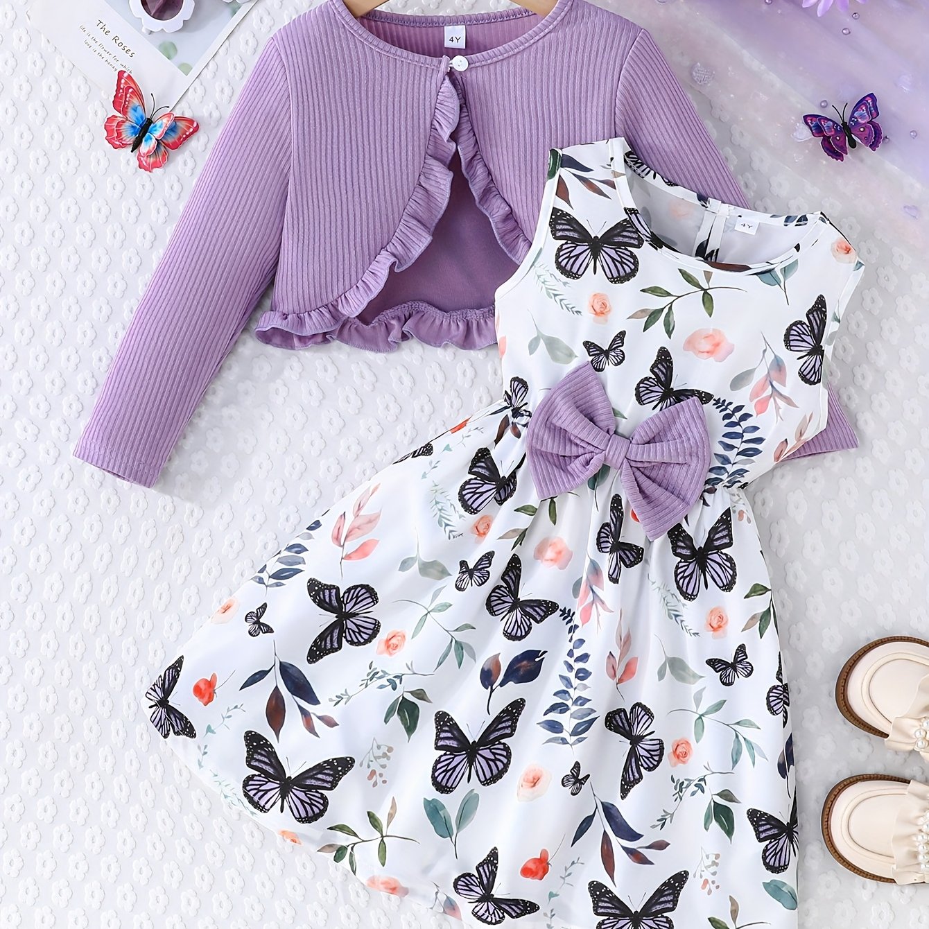 Girls Butterfly Print Casual Dress with Long-Sleeved Jacket for Spring Fall