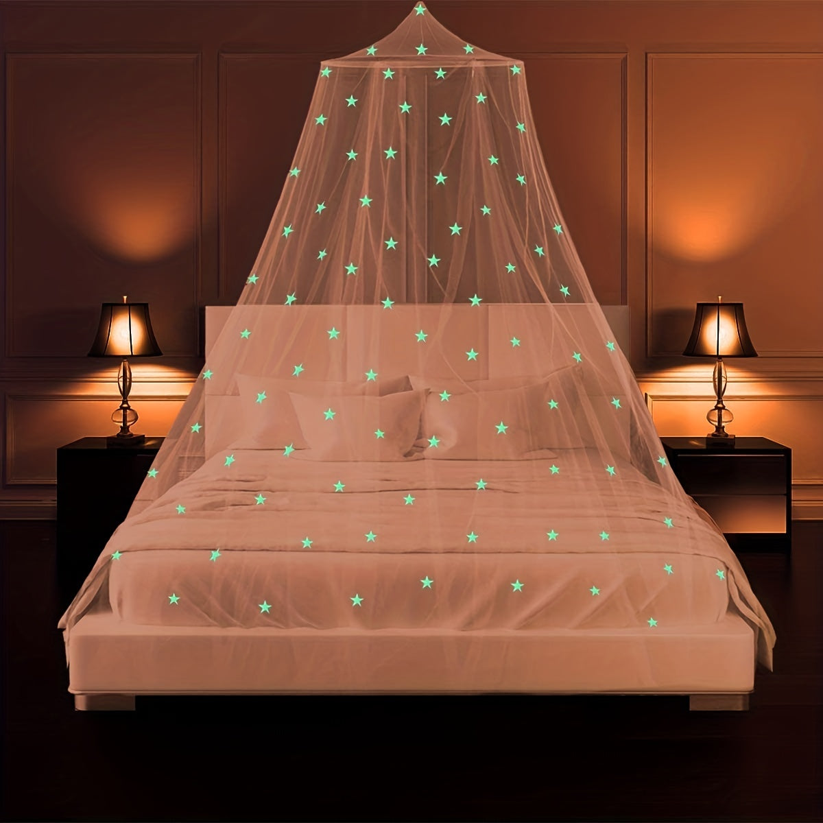 Cama tamaño king con dosel mosquitero con tema de princesa y patrón de estrellas para camas