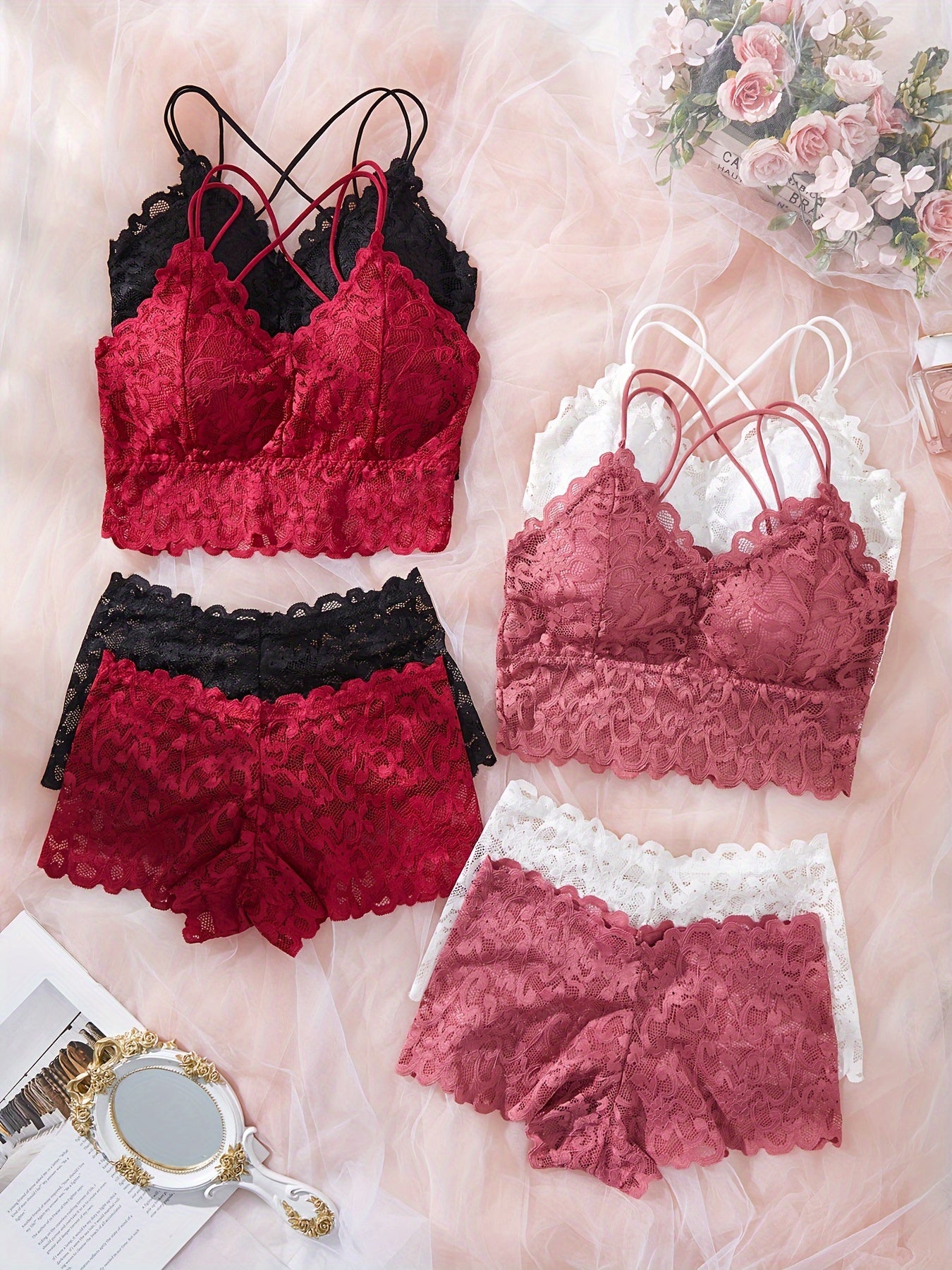 Women’s Lace Lingerie Set 4-Pack Solid Color Bralette and Boyshorts Knit Fabric