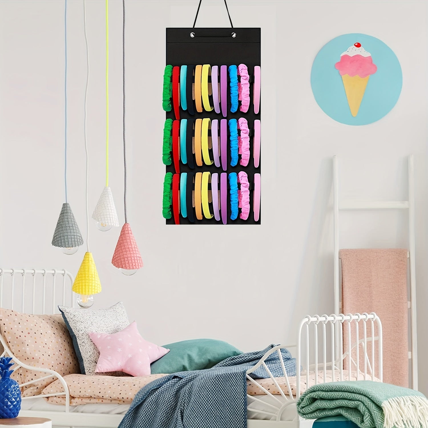 Kids Girls Hair Accessories Organizer Hanging Storage with 12 Hooks and Pockets